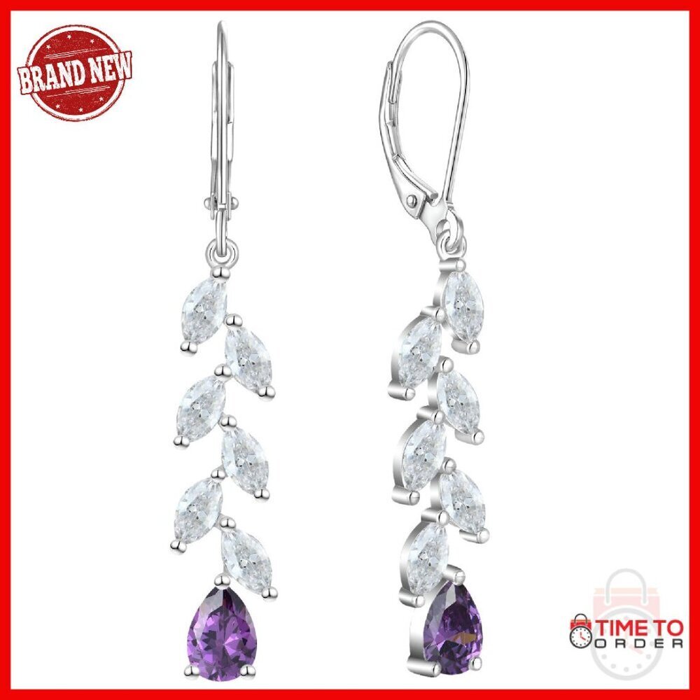 Sterling Silver Teardrop Leverback Earrings with Created Amethyst